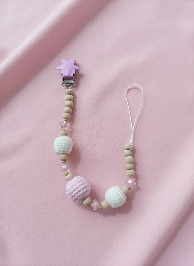 Kız Bebek için Ahşap Boncuklu Yıldızlı Amigurumi Emzik Askısı - El Emeği