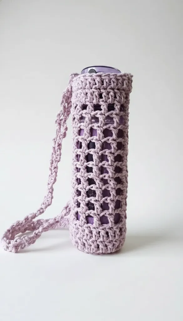 Lila Örgü Matara Kılıfı - Termos Taşıma Askılıklı ve Kişiye Özel