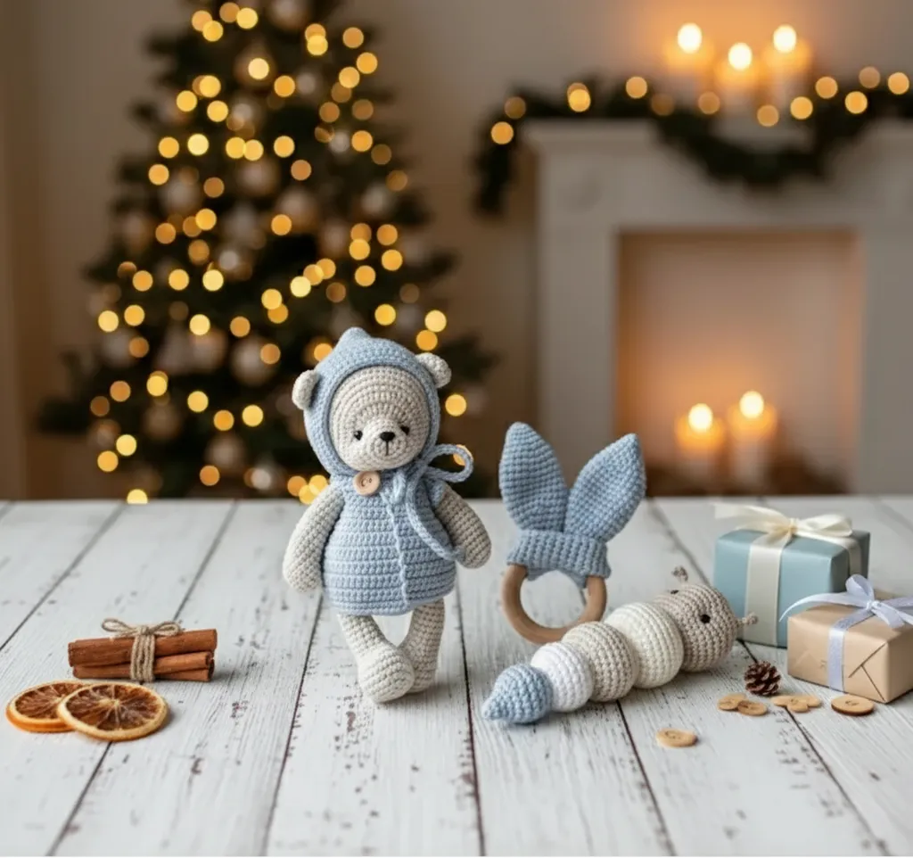 Amigurumi Mavi Hırkalı Ayıcık Oyuncak Seti - Tırtıl Çıngırak ve Diş Kaşıyıcı