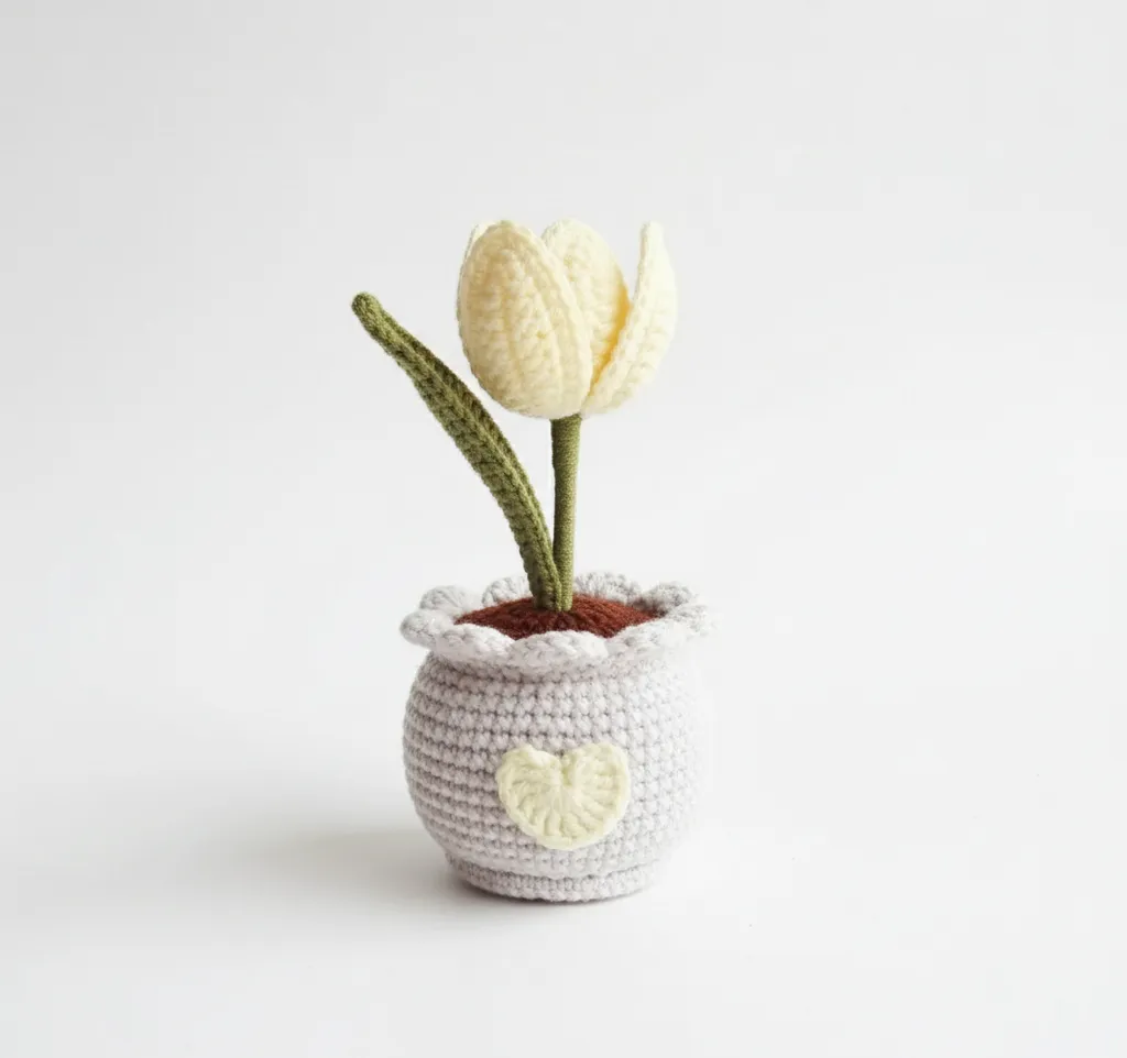 Krem Renkli Örgü Lale Çiçeği Saksıda Dekoratif El Emeği