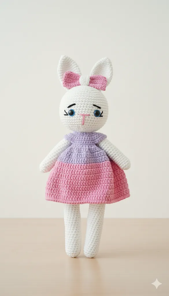 Örgü Oyuncak Tavşan Bebek - 30 cm Pembe Elbise - El Yapımı