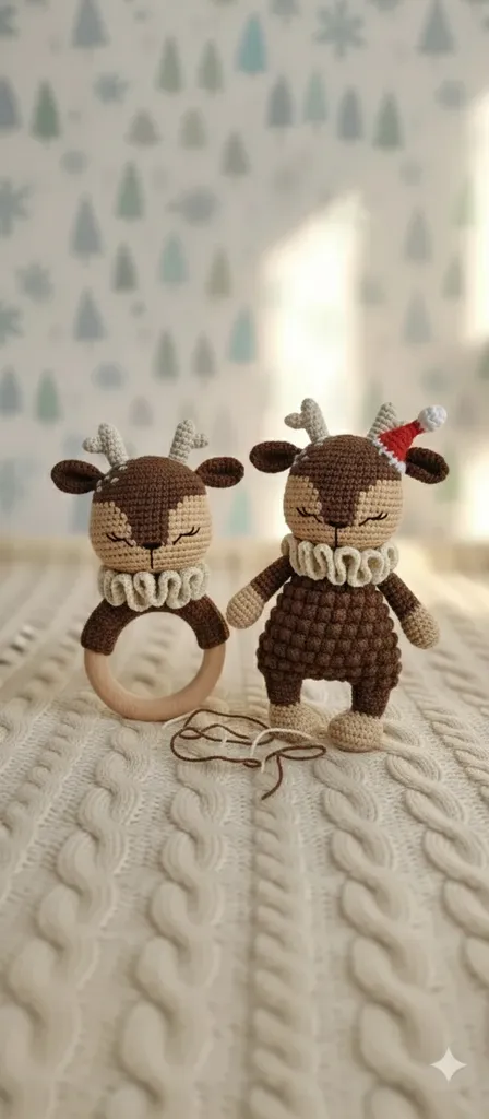 Örme Geyik Bebek Çıngırak ve Oyuncak Seti - El Yapımı Hediyelik