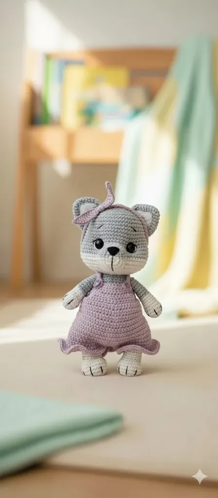 Pembe Tulumlu Örgü Oyuncak Kedi - 25 cm Organik Bebek Oyuncak