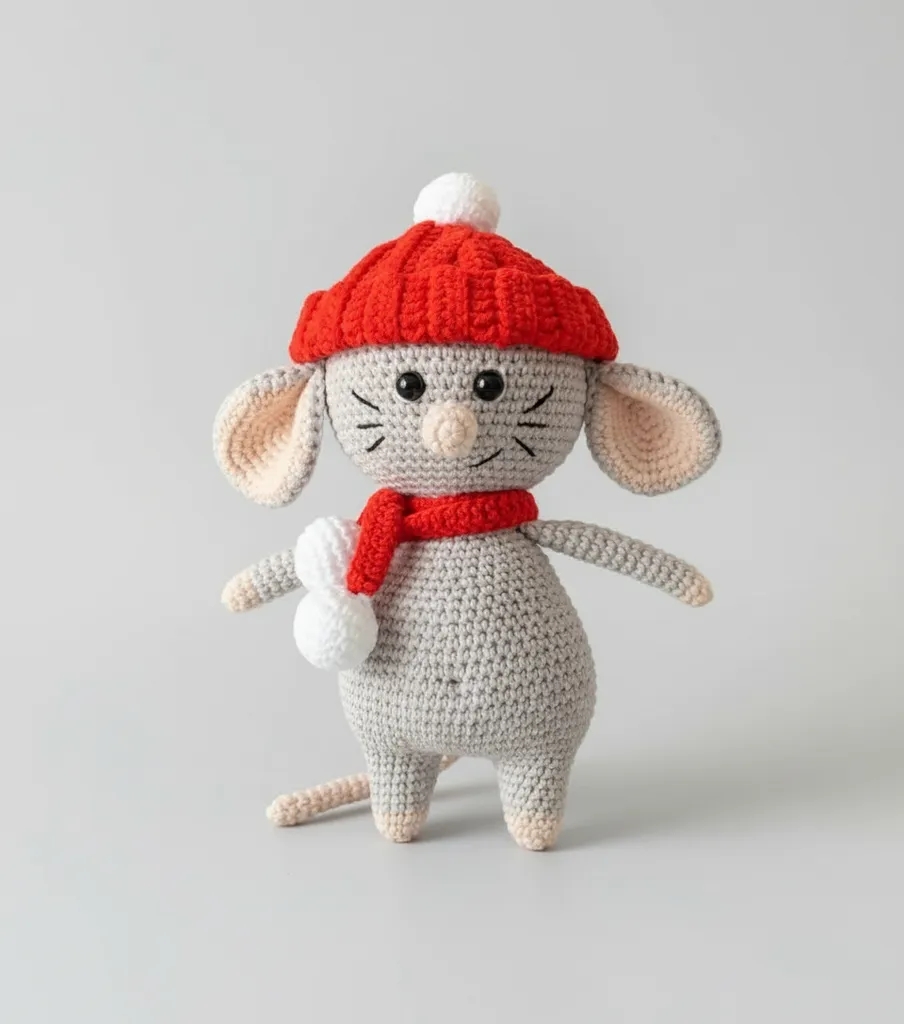 Örgü Oyuncak Fare - Kırmızı Şapkalı ve Atkılı Amigurumi - 20 cm