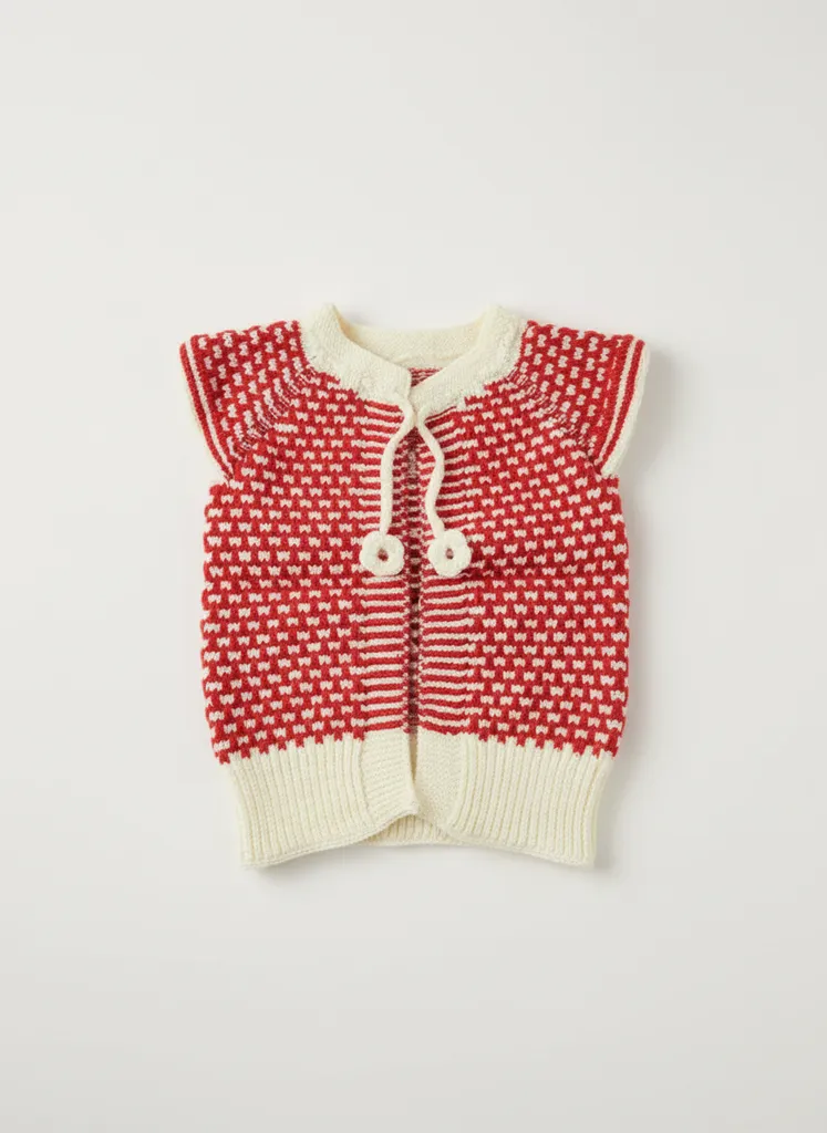 Kız Bebek Örgü Yelek - 1-2 Yaş, Kırmızı Beyaz Desenli, El Emeği