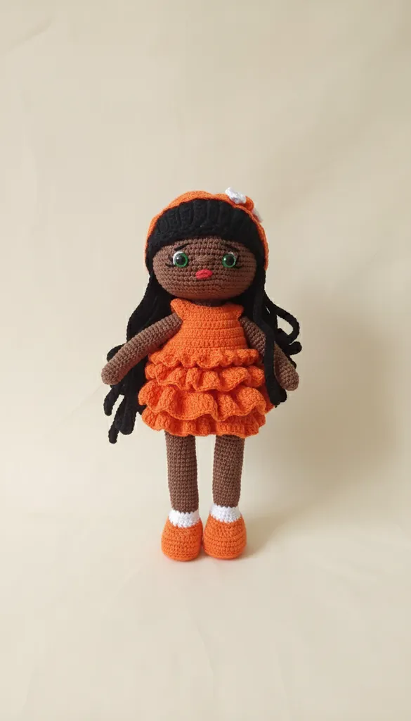25 cm Örme Bebek Oyuncak - Turuncu Elbise ve Siyah Saçlı Karakız