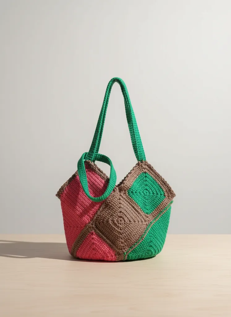 Renkli Örgü Kol Çantası - Kare Desenli Plaj Çantası - El Örgüsü