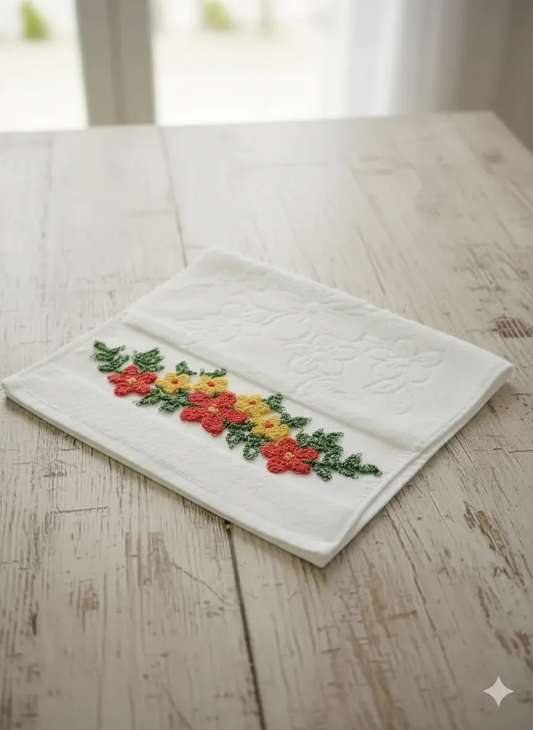 Beyaz Pamuklu Mutfak Havlusu - Çiçek Desenli El İşlemesi