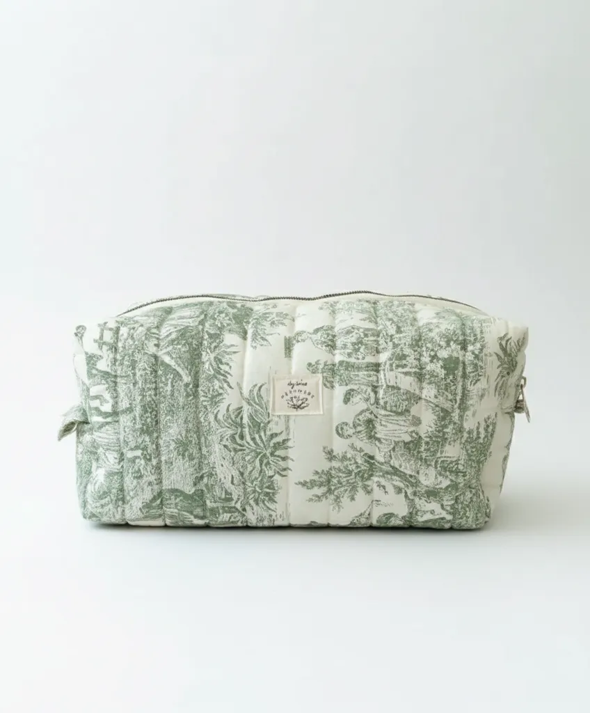 Yeşil Vintage Desenli Seyahat ve Makyaj Çantası - Kapitoneli, Çok Amaçlı Organizer