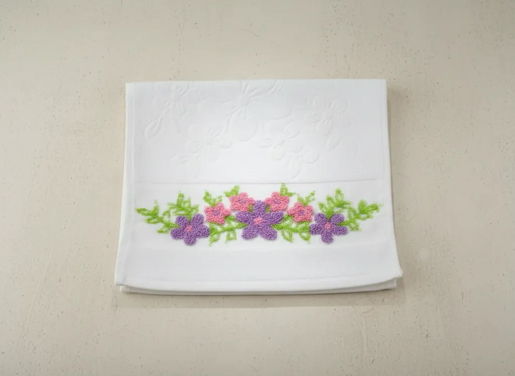 Beyaz Pamuklu Mutfak Havlusu - Çiçek Nakışlı ve El İşlemesi
