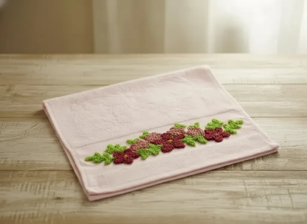 Pembe Mutfak Havlusu - Çiçek Nakışlı Pamuklu El İşlemesi