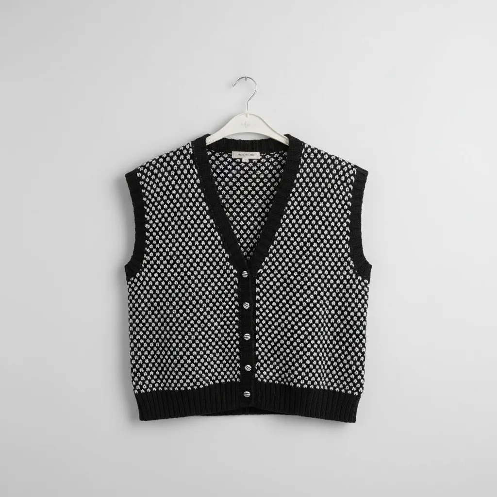 Siyah Beyaz Desenli Örgü Yelek V Yaka Düğmeli - 44 Bedene Kadar