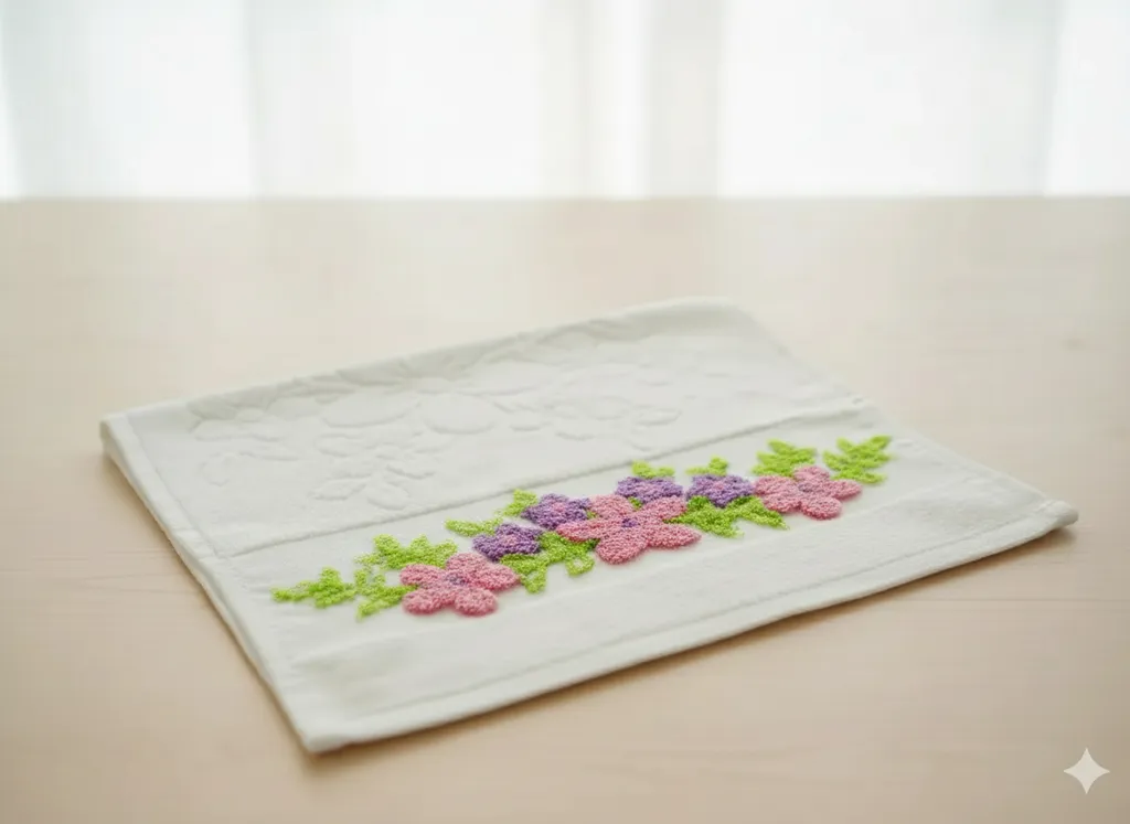 Beyaz Pamuklu Mutfak Havlusu - Çiçek Desenli Punch Nakışı