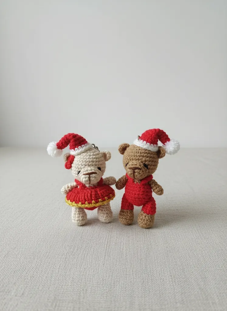 Örme Çift Ayıcık Anahtarlık Seti - Yılbaşı Temalı El Emeği