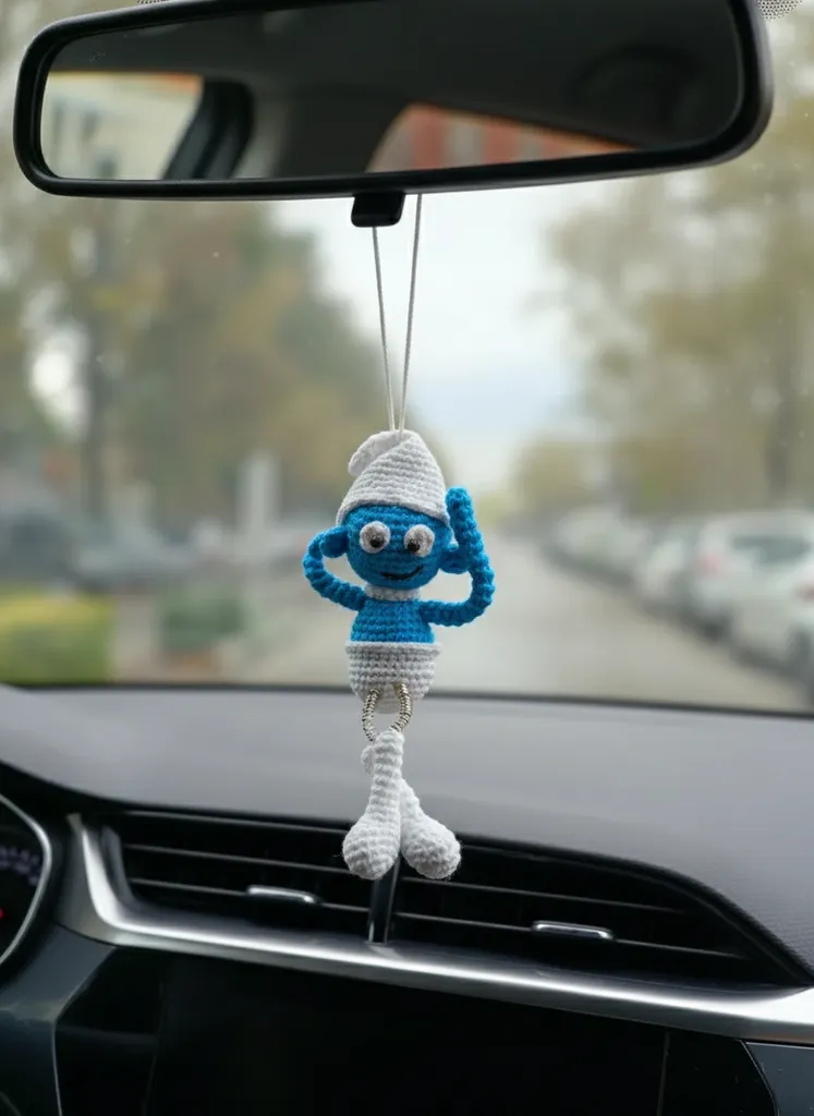 Mavi Şirin Amigurumi Araba Süsü - El Yapımı Örgü Oyuncak