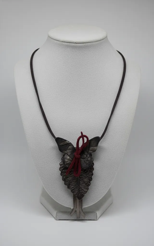 Yaprak Desenli Deri Kolye - Bordo Fiyonk Detaylı ve Süet İp Bağlamalı