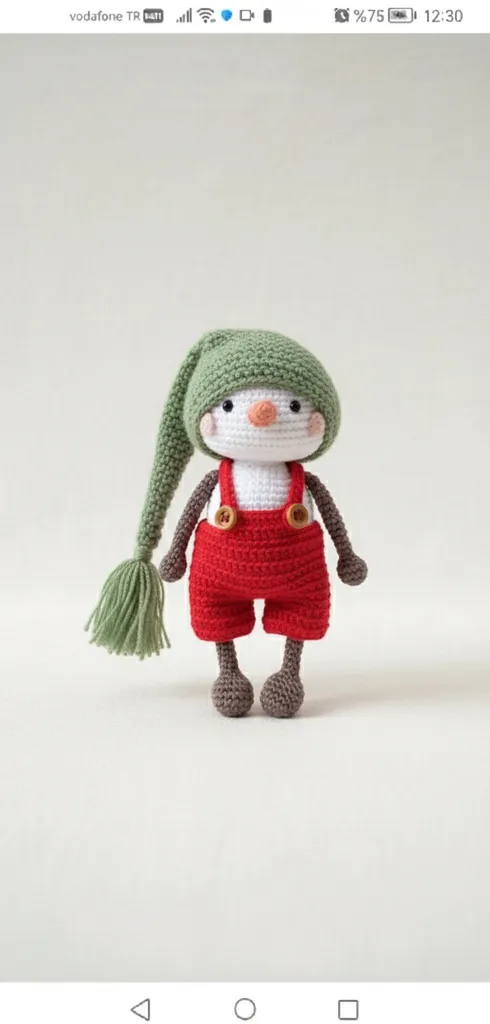 Örgü Kardan Adam Oyuncak - Yeşil Şapkalı ve Kırmızı Tulumlu 27 cm