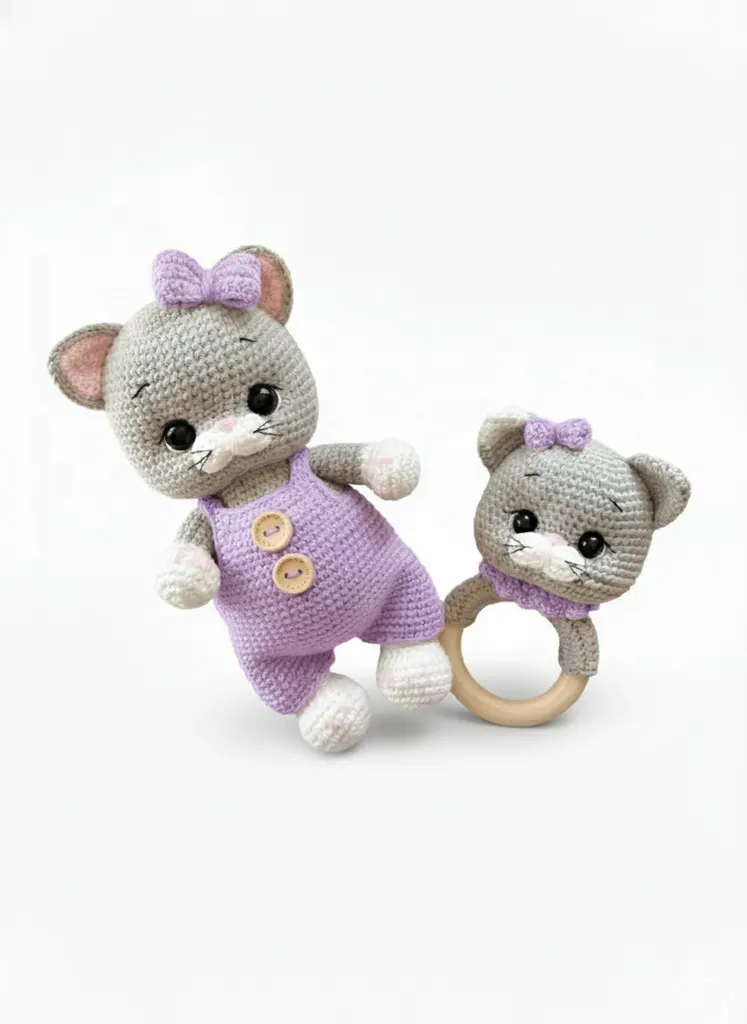 Örgü Kedi Bebek Oyuncak Tulumlu Çıngırak 2'li Set - El Emeği