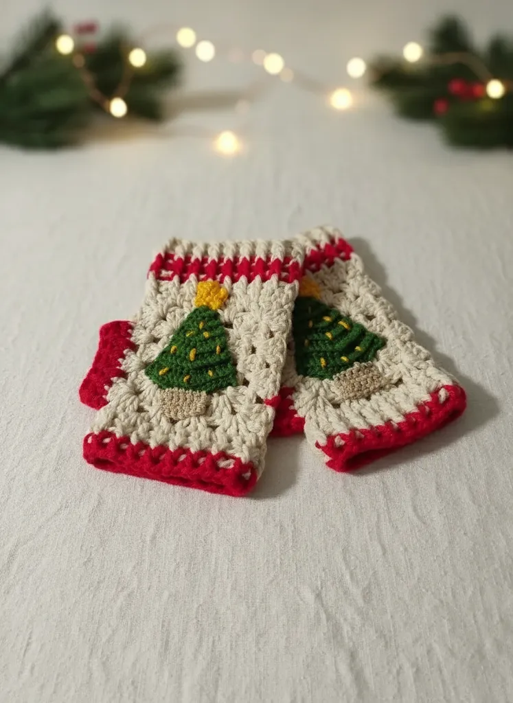 Örme Noel Temalı Eldiven - Çam Ağacı Figürlü Pamuk İplik