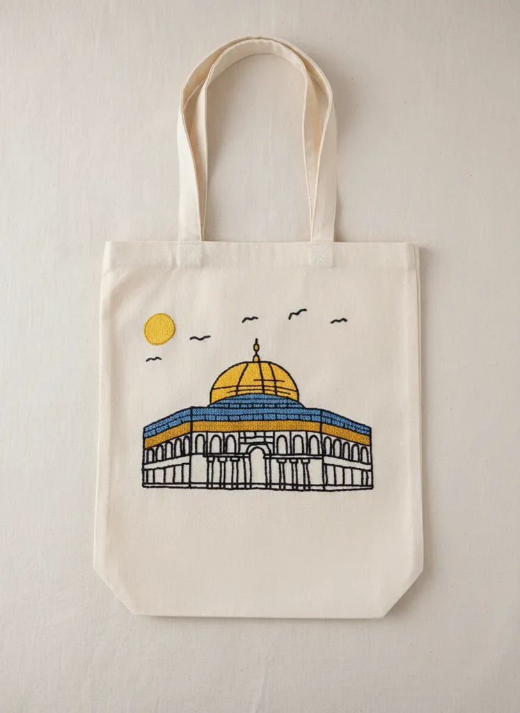 Krem Renkli Kudüs İşlemeli Bez Çanta - Omuz Askılı El Emeği