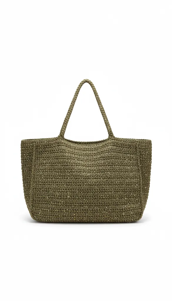 Haki Yeşili Makrome Örgü Pullu Büyük Boy Omuz Çantası