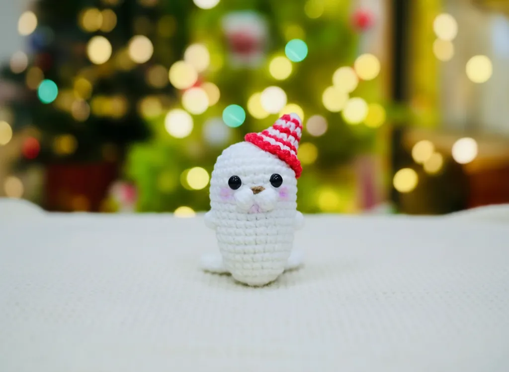 Örgü Beyaz Fok Balığı Anahtarlık - Yılbaşı Konseptli El Emeği