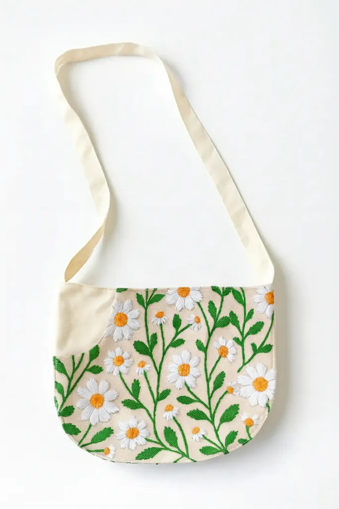 Beyaz Papatya Desenli Kanvas Omuz Çantası - Nakış Detaylı