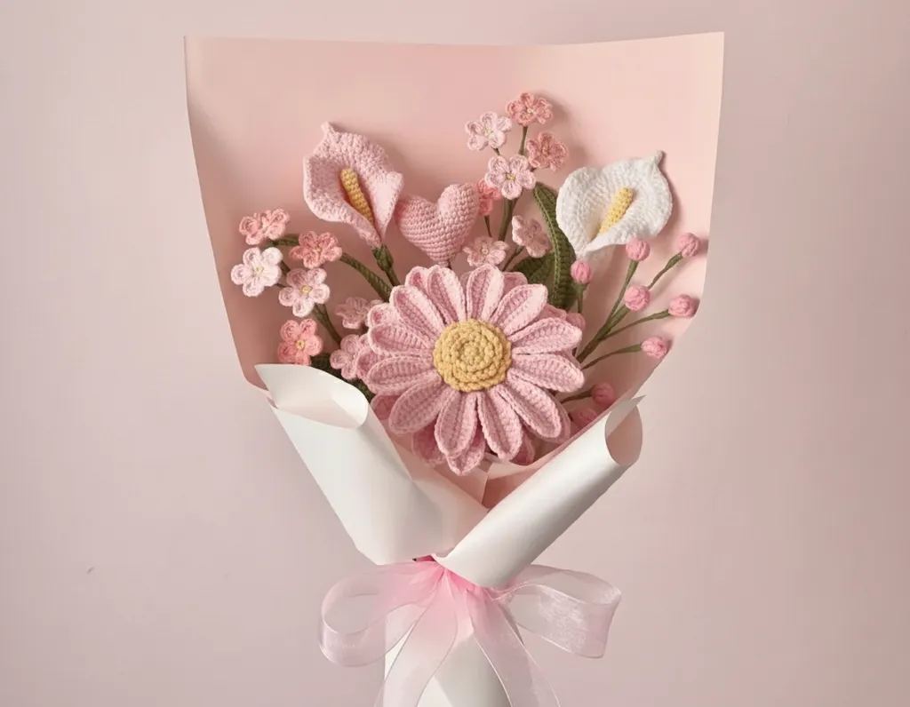 Pembe Tonlarında Örgü Çiçek Buketi - Solmayan Dekoratif Aranjman
