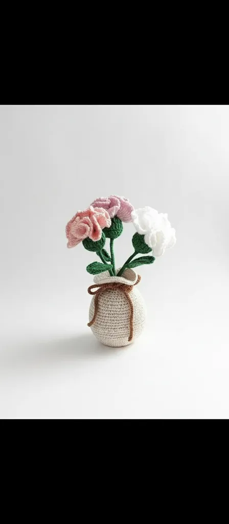 Pembe ve Beyaz Örgü Karanfil Çiçeği Buketi - Pamuk İplikten El Emeği