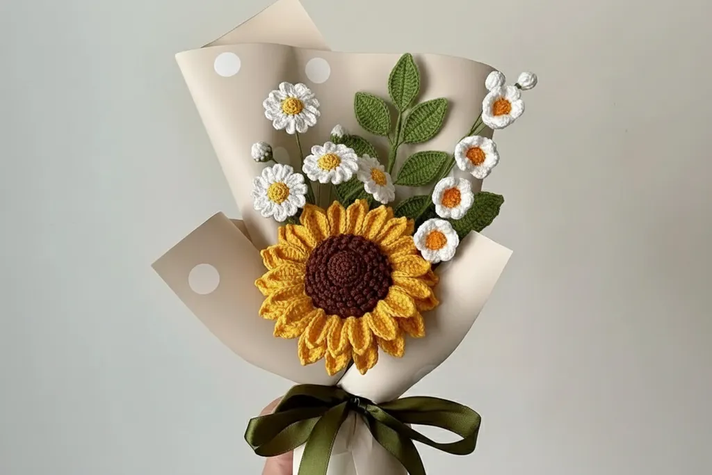Örgü Ayçiçeği ve Papatya Buketi - Pamuk İpliği - El Emeği