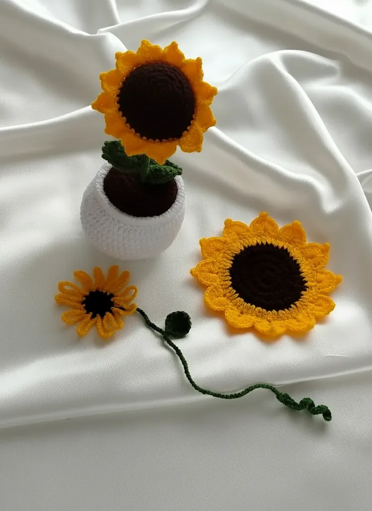 Örgü Ayçiçeği Seti: Bardak Altlığı, Kitap Ayracı ve Saksı Çiçeği