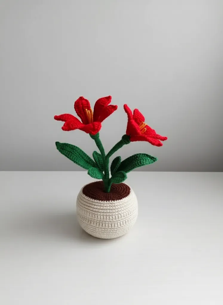 Kırmızı Zambak Çiçeği Saksılı Örgü Dekoratif Ev Aksesuarı - El Emeği