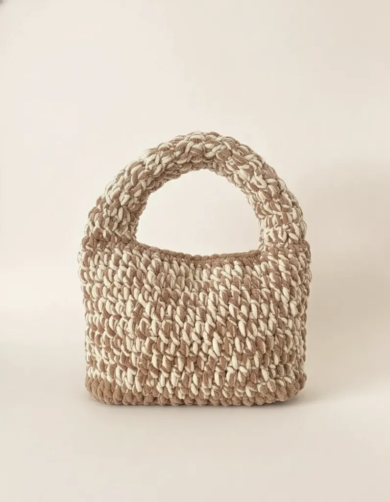 Kahverengi - Krem Kadife Örgü Omuz Çantası - El Yapımı