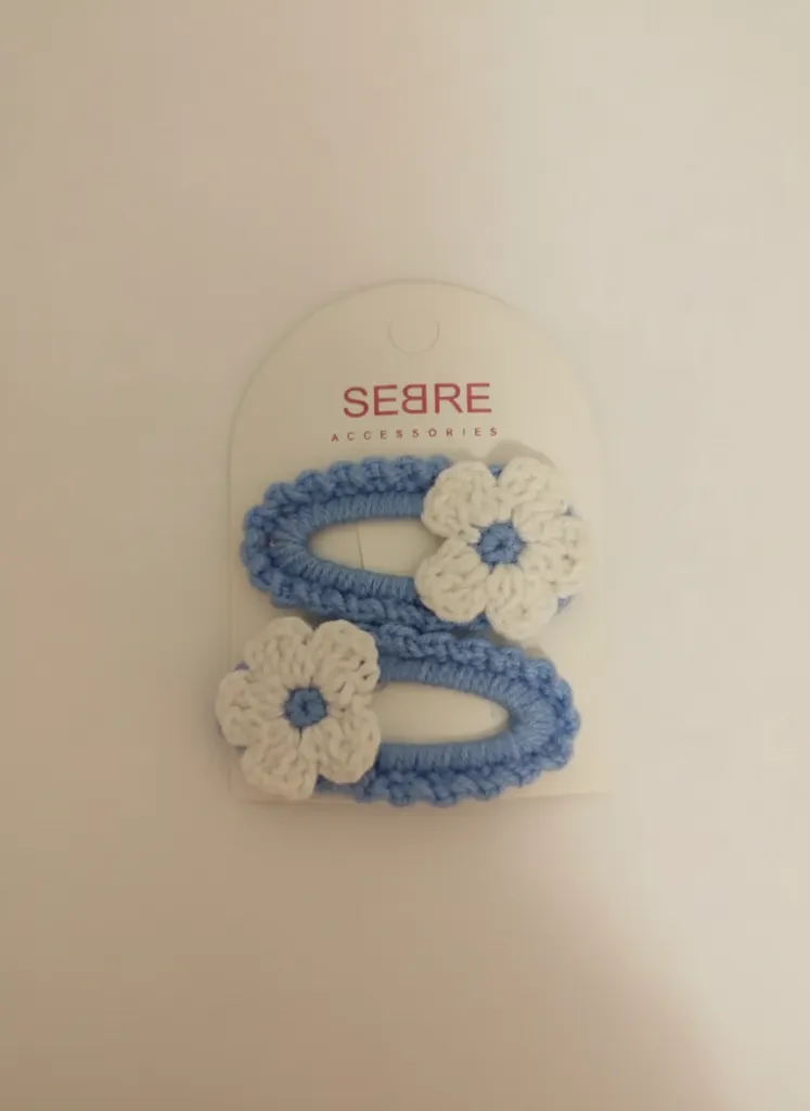 Mavi Örgü Çıtçıt Toka Seti - Çiçek Detaylı El Emeği