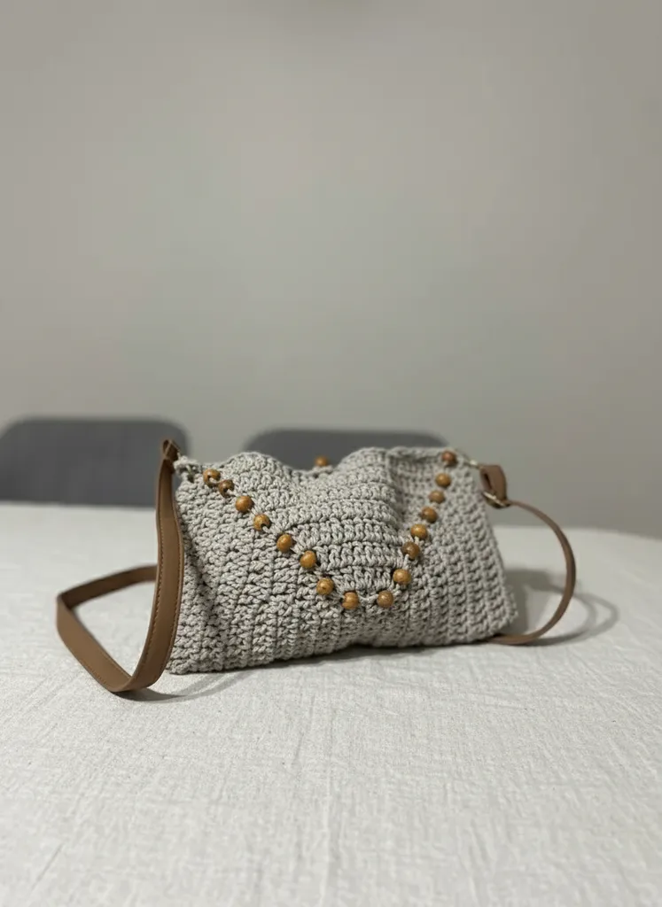 Krem Renkli Örgü Omuz Çantası - Ahşap Boncuk Detaylı ve Deri Saplı