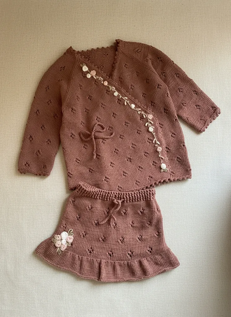 Kahverengi Ajur Örgü Bebek Takımı - Çiçek İşlemeli - El Örgüsü