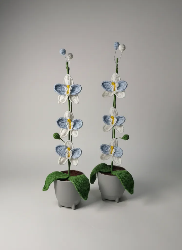 Mavi Beyaz Örme Orkide - Telli Yapay Çiçek Dekoratif El Emeği