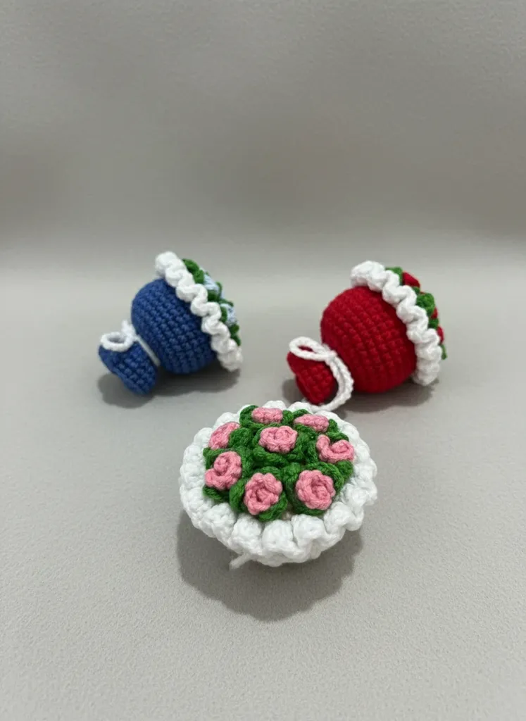 Örme Amigurumi Çiçek Buketi Anahtarlık - El Yapımı Hediyelik