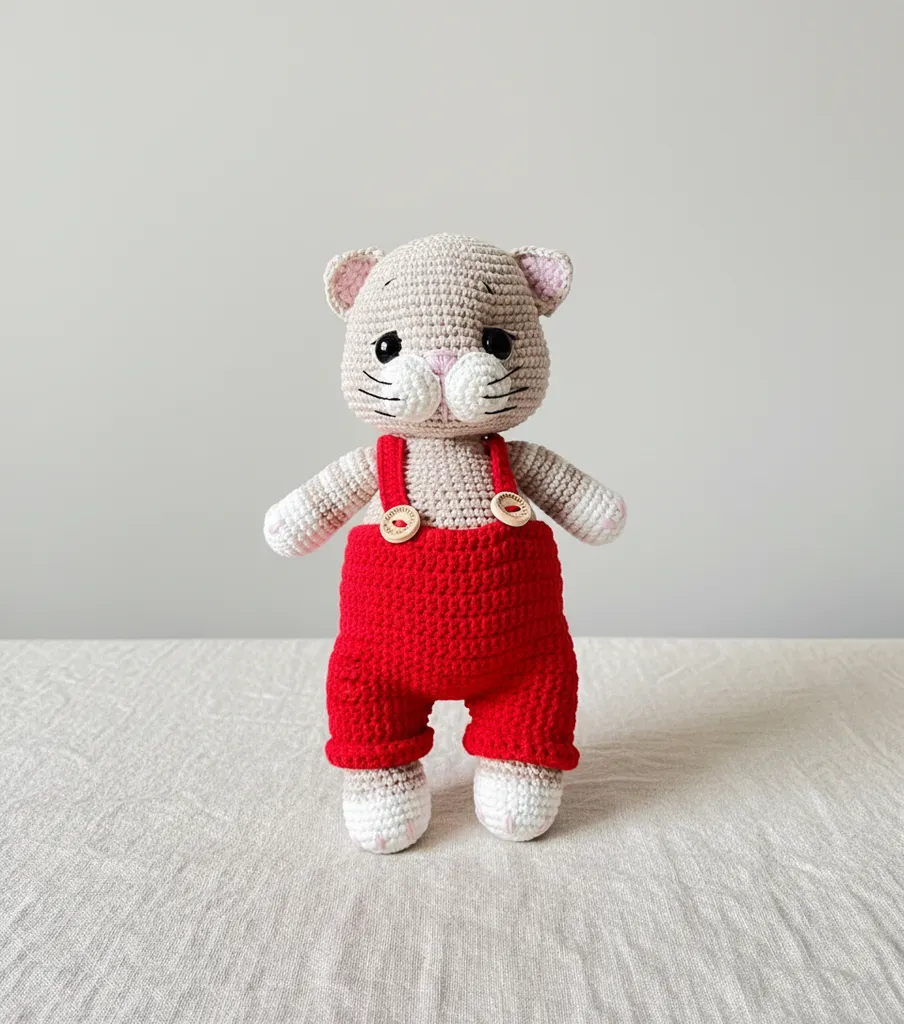 Amigurumi Oyuncak Kedicik - Kırmızı Tulumlu, 26 cm - El Emeği