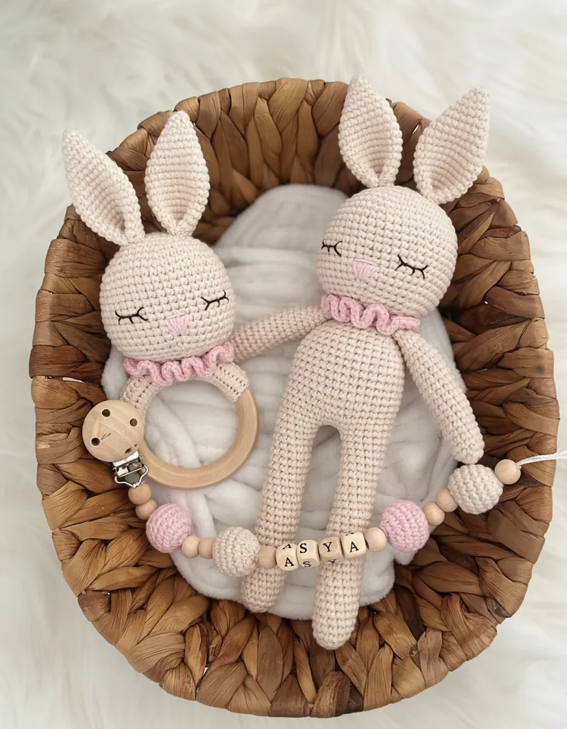 Amigurumi 30 cm Uyuyan Tavşan Bebek Oyuncak, Çıngırak ve Emzik Seti