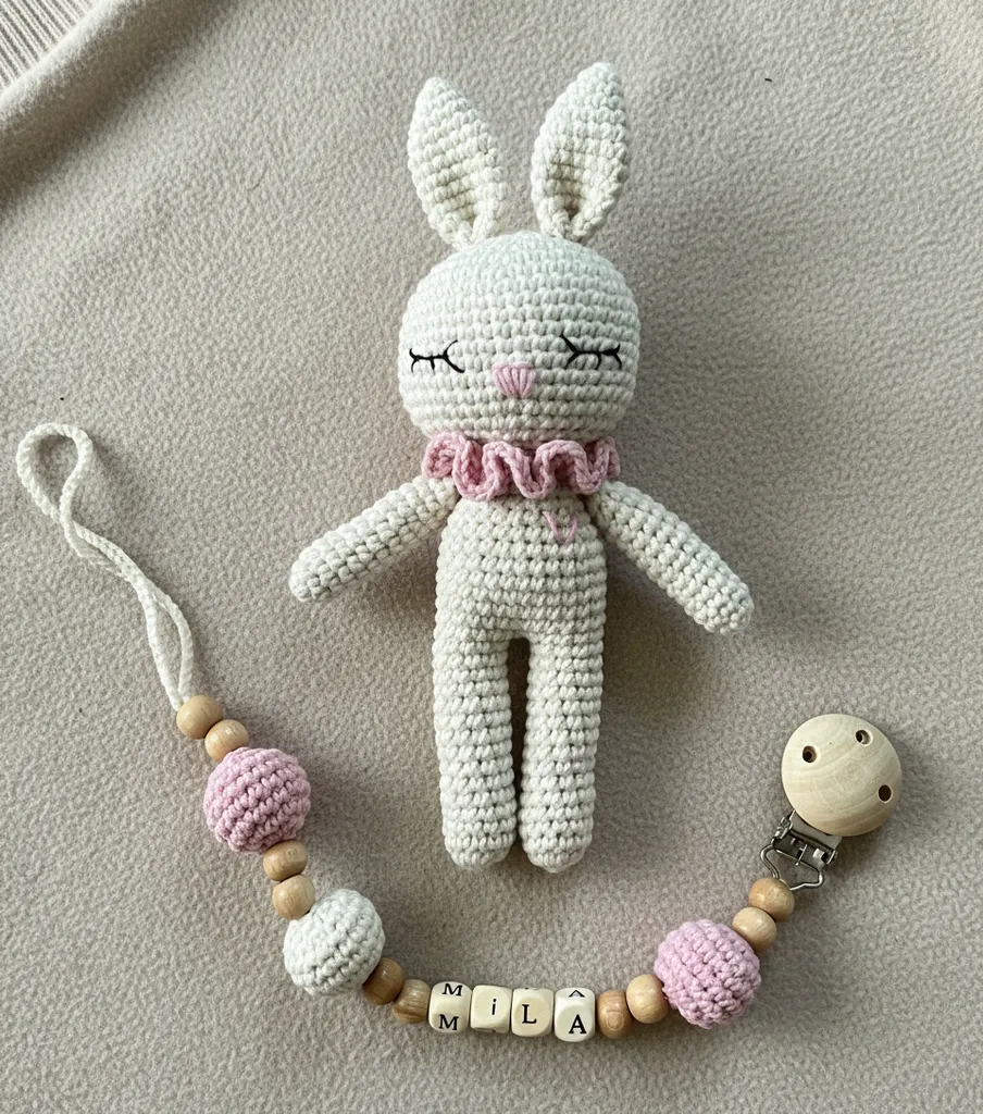 Amigurumi Fındık Tavşan ve Emzik Zinciri Takımı - Taş Rengi