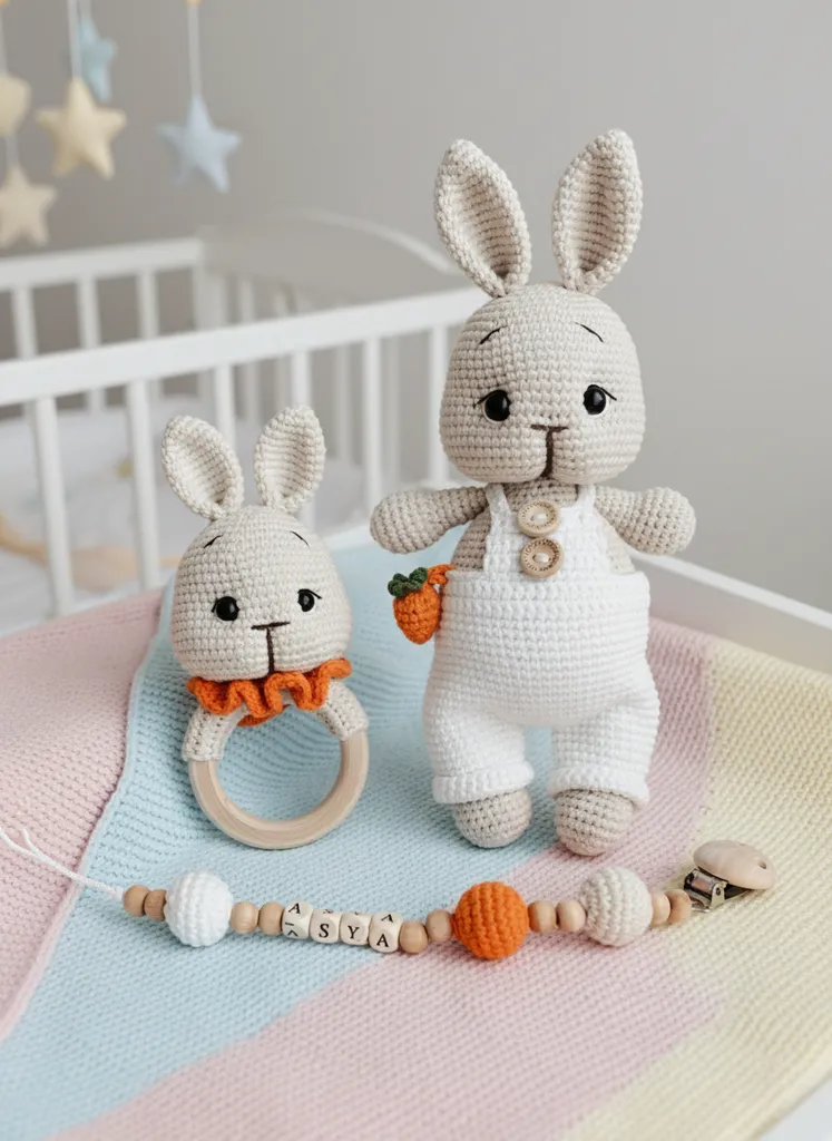 Amigurumi Havuç Detaylı Krem Tulumlu Tavşan Oyuncak Çıngırak ve Emzik Zinciri Seti