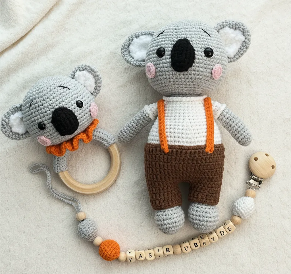 Amigurumi Kahverengi Pantolonlu Koala Oyuncak ve Çıngırak Emzik Takımı