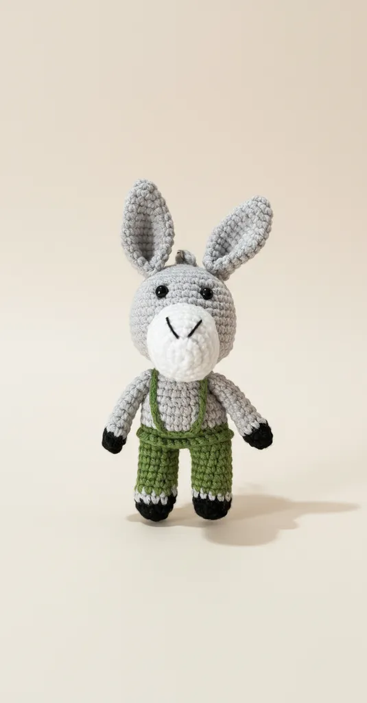 Yeşil Tulumlu Örgü Eşek Amigurumi Anahtarlık - El Emeği