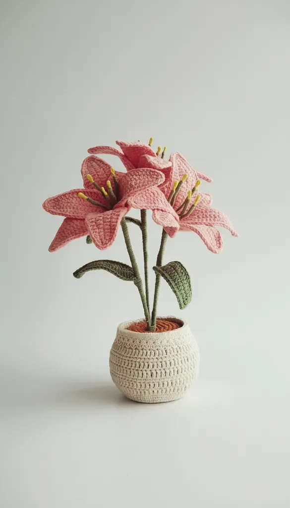 Pembe Örgü Zambak Çiçeği Saksıda Dekoratif Hediyelik - El Emeği