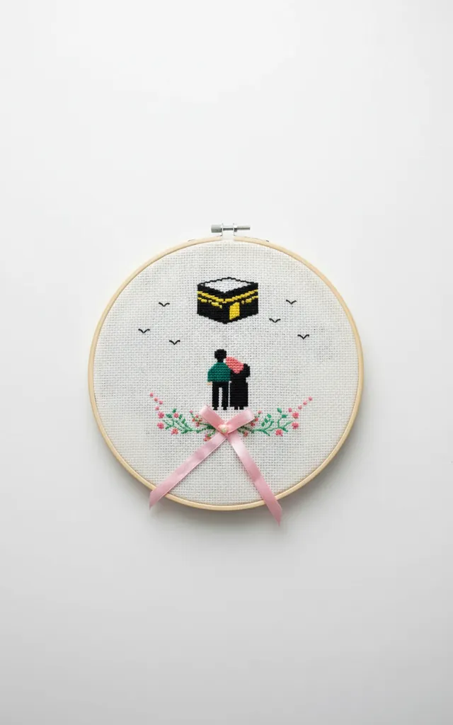 Kanaviçe Kabe Temalı Kasnak Pano - El Emeği İslami Ev Dekorasyonu