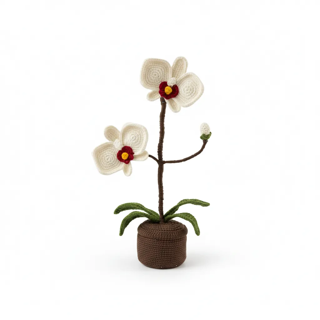 Krem Renkli Örgü Orkide Çiçek Saksısı - Solmayan Dekoratif Hediye