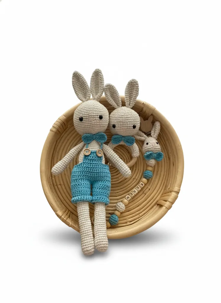Amigurumi Tavşan Bebek Oyuncak Seti - Uyku Arkadaşı ve Diş Kaşıyıcı