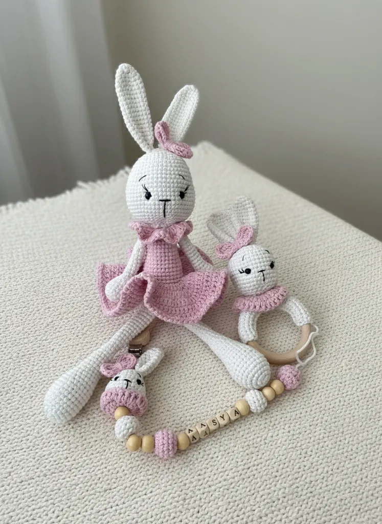 Amigurumi Tavşan Bebek Uyku Arkadaşı ve Diş Kaşıyıcı Seti - El Emeği