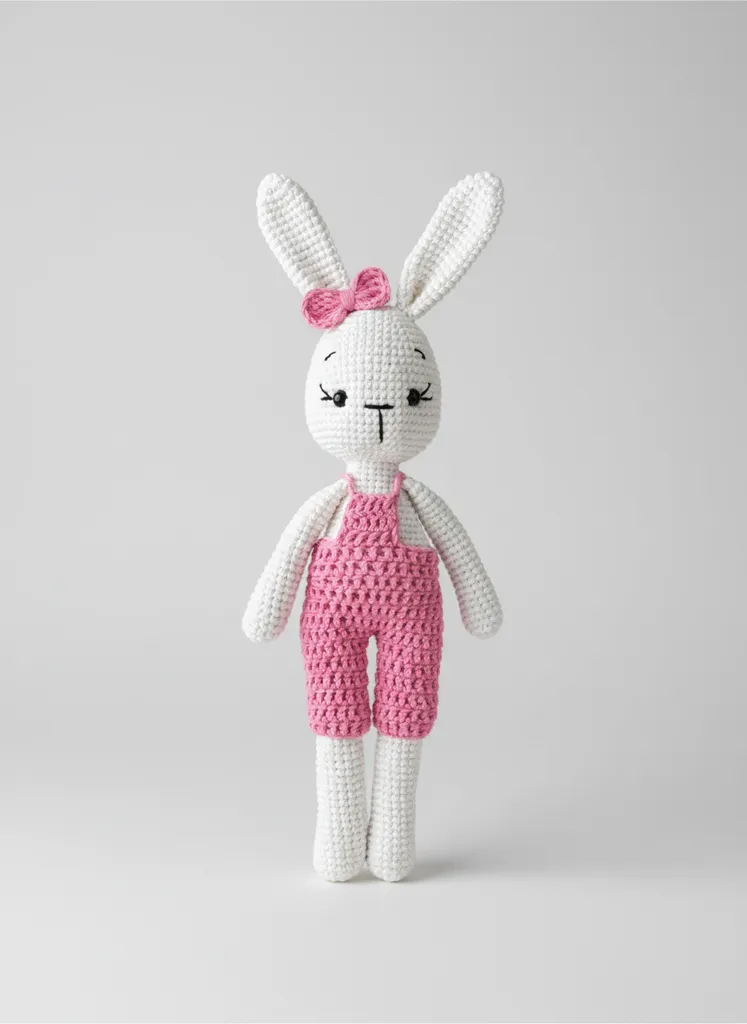 Beyaz Amigurumi Tavşan Oyuncak - Pembe Tulumlu Luna Model